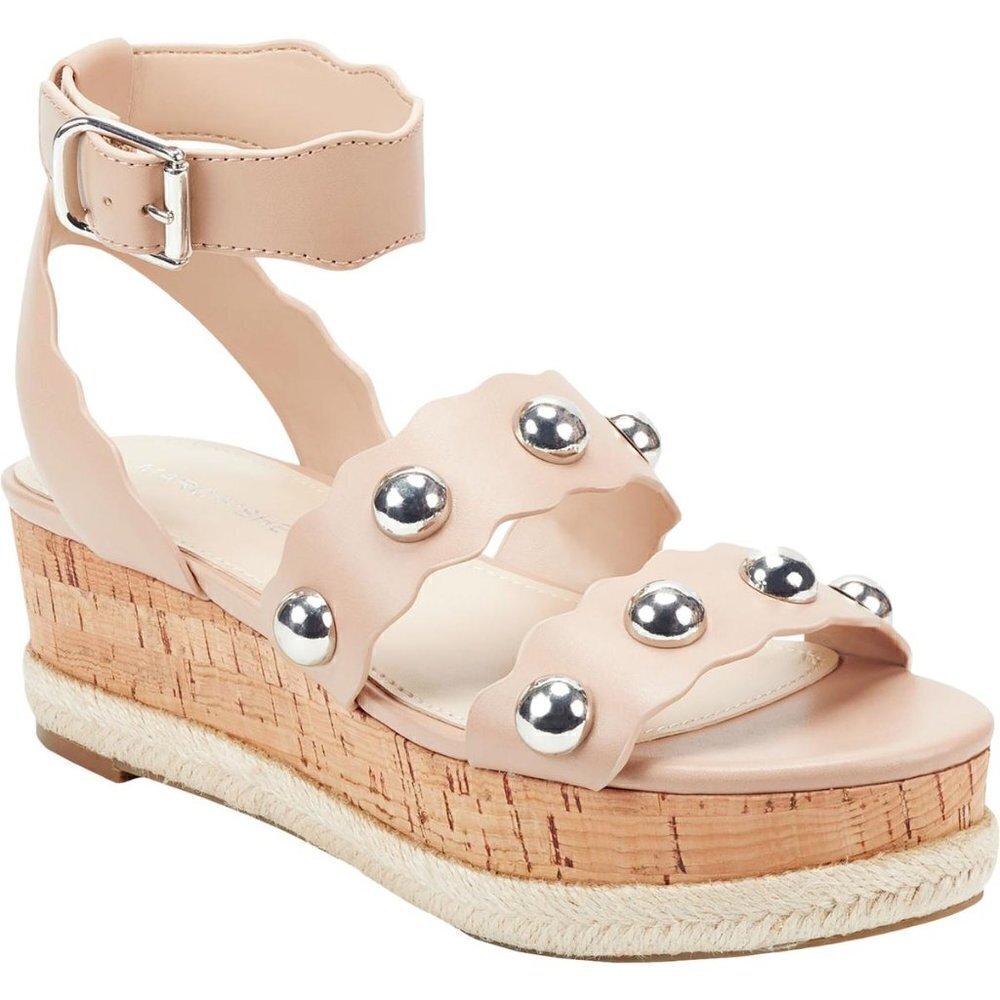 MARC FISHER Faythe Silver Ball Studded Flatform Sandals faux Leather